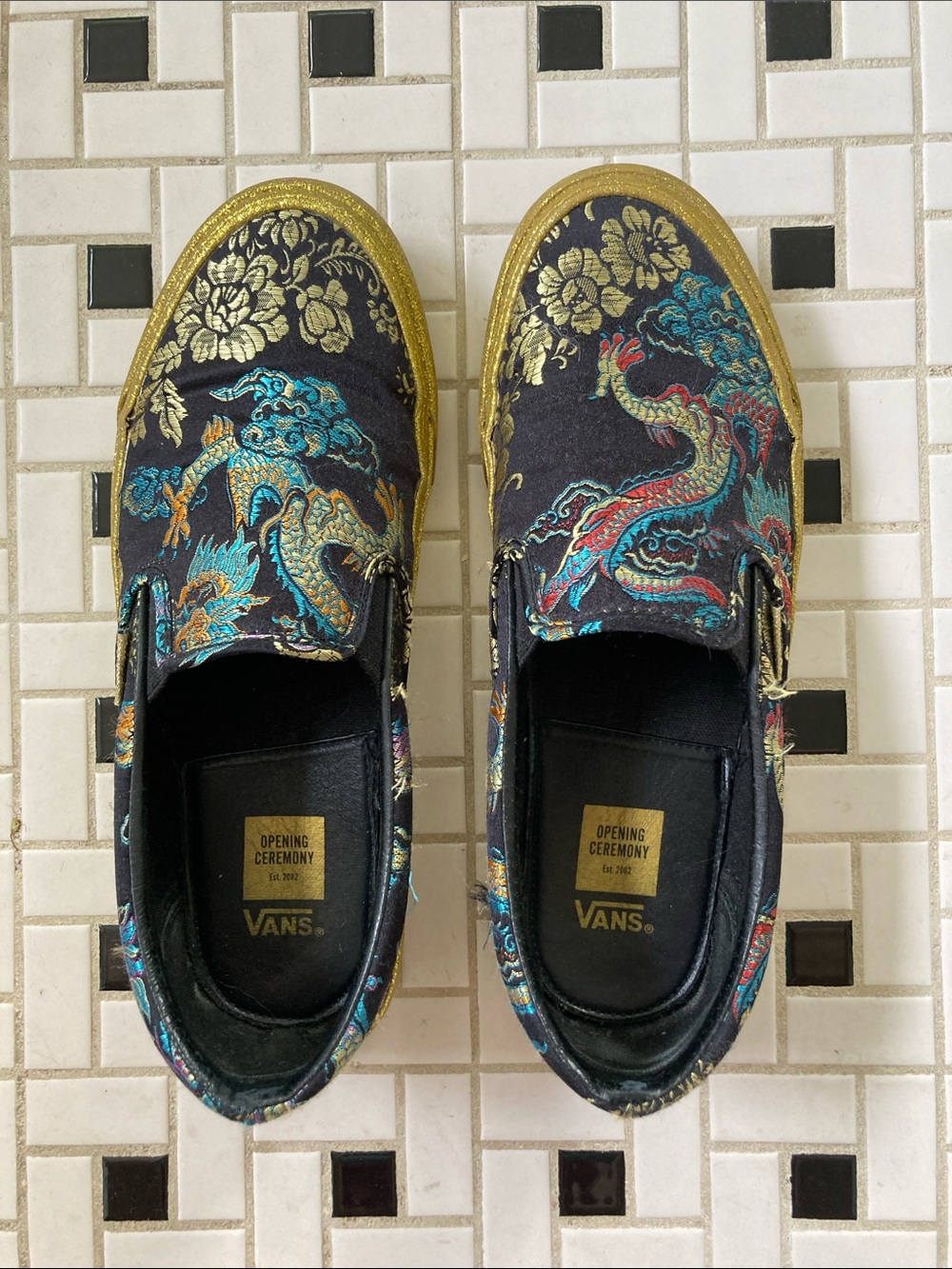 Vans/Opening Ceremony Slip-On Dragon Brocade Sneakers with Gold Trim